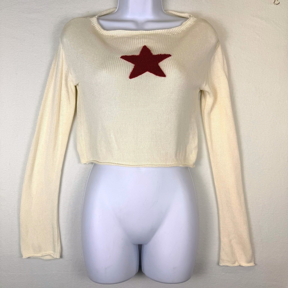 Y2K fairy Grunge Cropped Knit Sweater Red Star Boat Neck‎ SzM America Holiday
